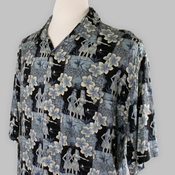 Vintage LORD & TAYLOR Aloha Camp Shirt Mens L Blue Rayon Hawaiian Hula Dancers - Picture 3 of 10